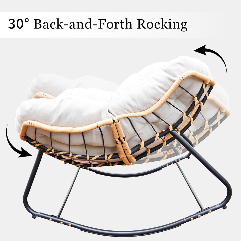 Rocking Papasan Chair Outdoor/Indoor, Rattan Wicker Lounge Rocker Egg Chair with Thick Cushion, Alloy Frame & Anti-Tip Wide Base for Patio, Living Room, Bedroom, Warm Beige