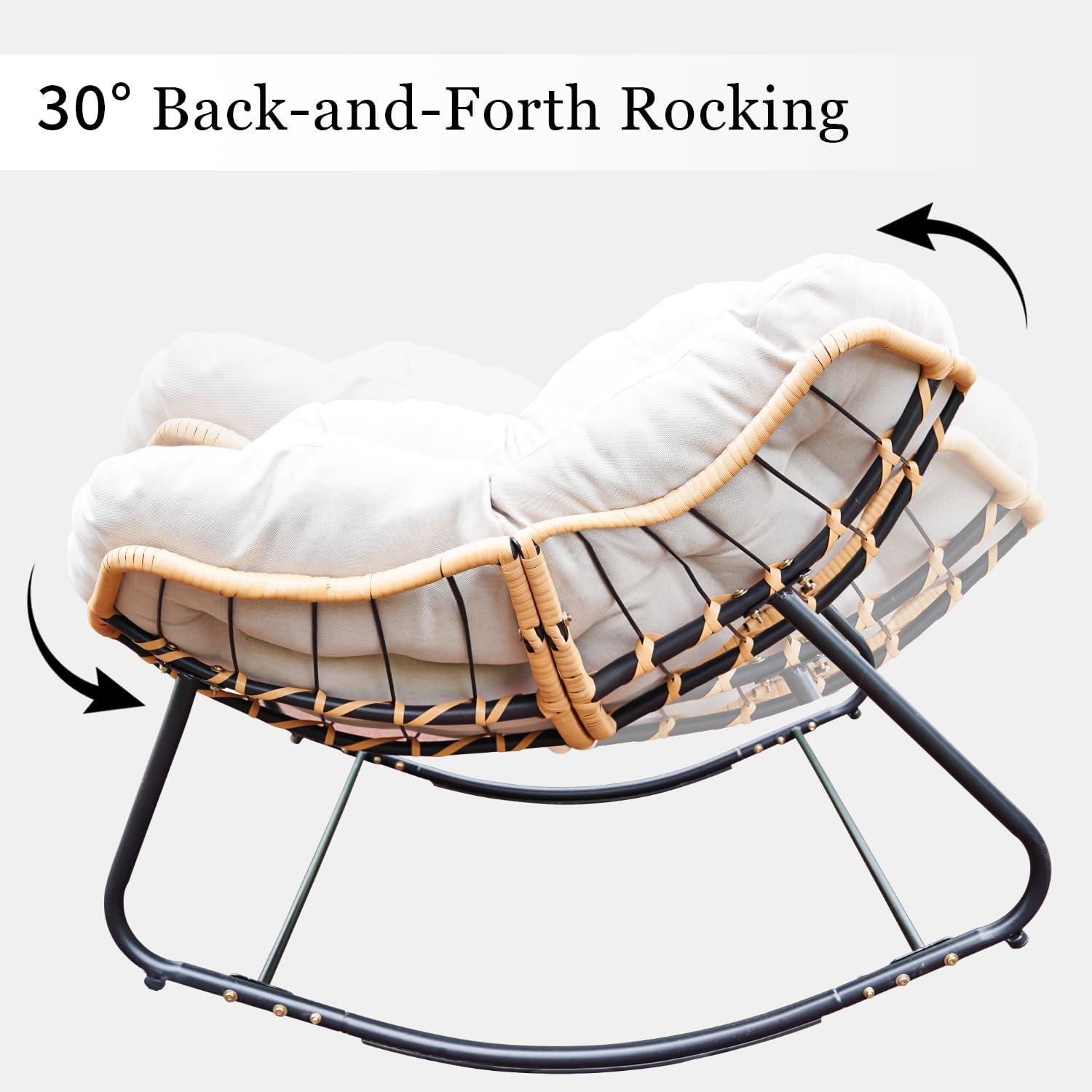 Rocking Papasan Chair Outdoor/Indoor, Rattan Wicker Lounge Rocker Egg Chair with Thick Cushion, Alloy Frame & Anti-Tip Wide Base for Patio, Living Room, Bedroom, Warm Beige