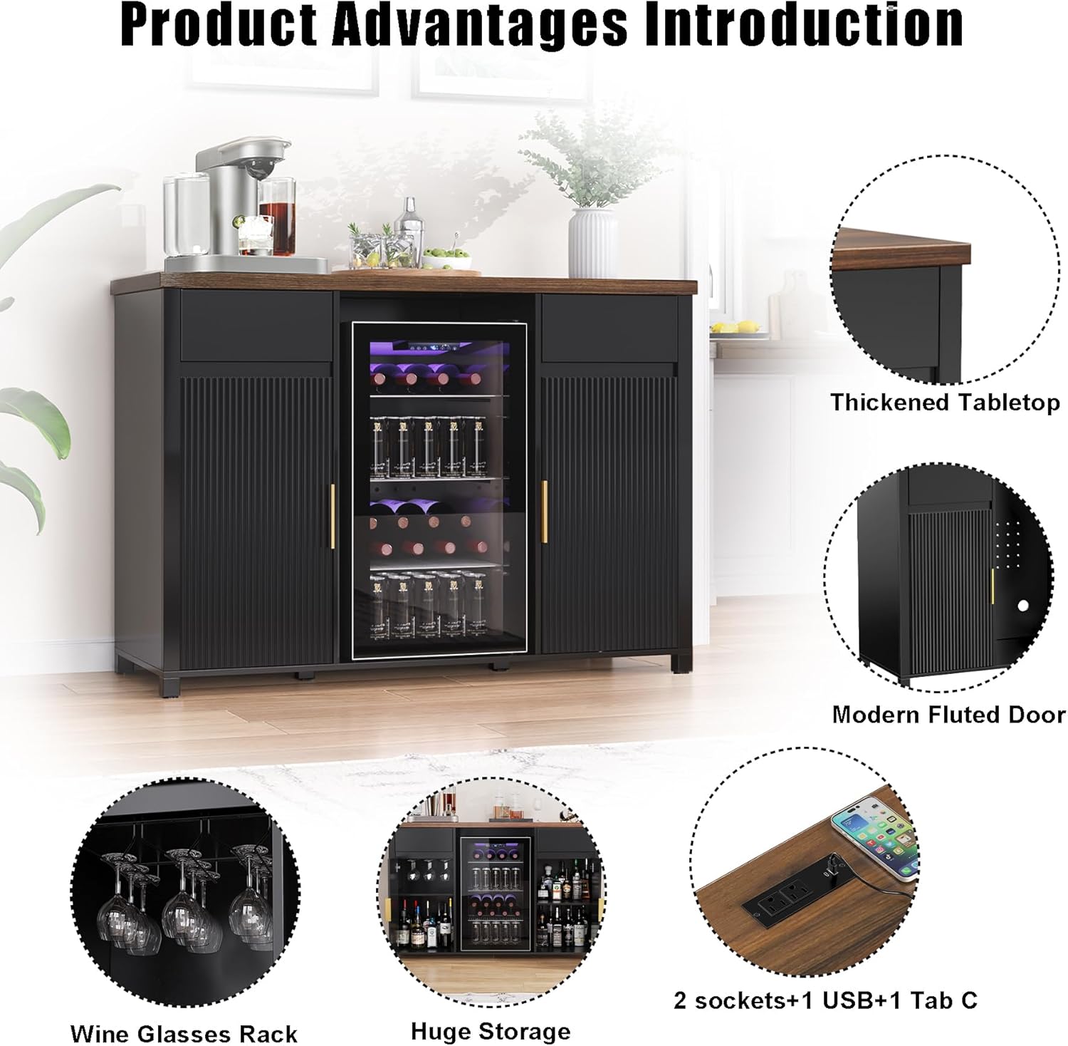 GDLF Large Coffee Bar Cabinet with Fridge Space, Mini Fridge Cabinet with Wine Storage, Buffet Sideboard Table for Home, Fluted Modern Design,53.2' L