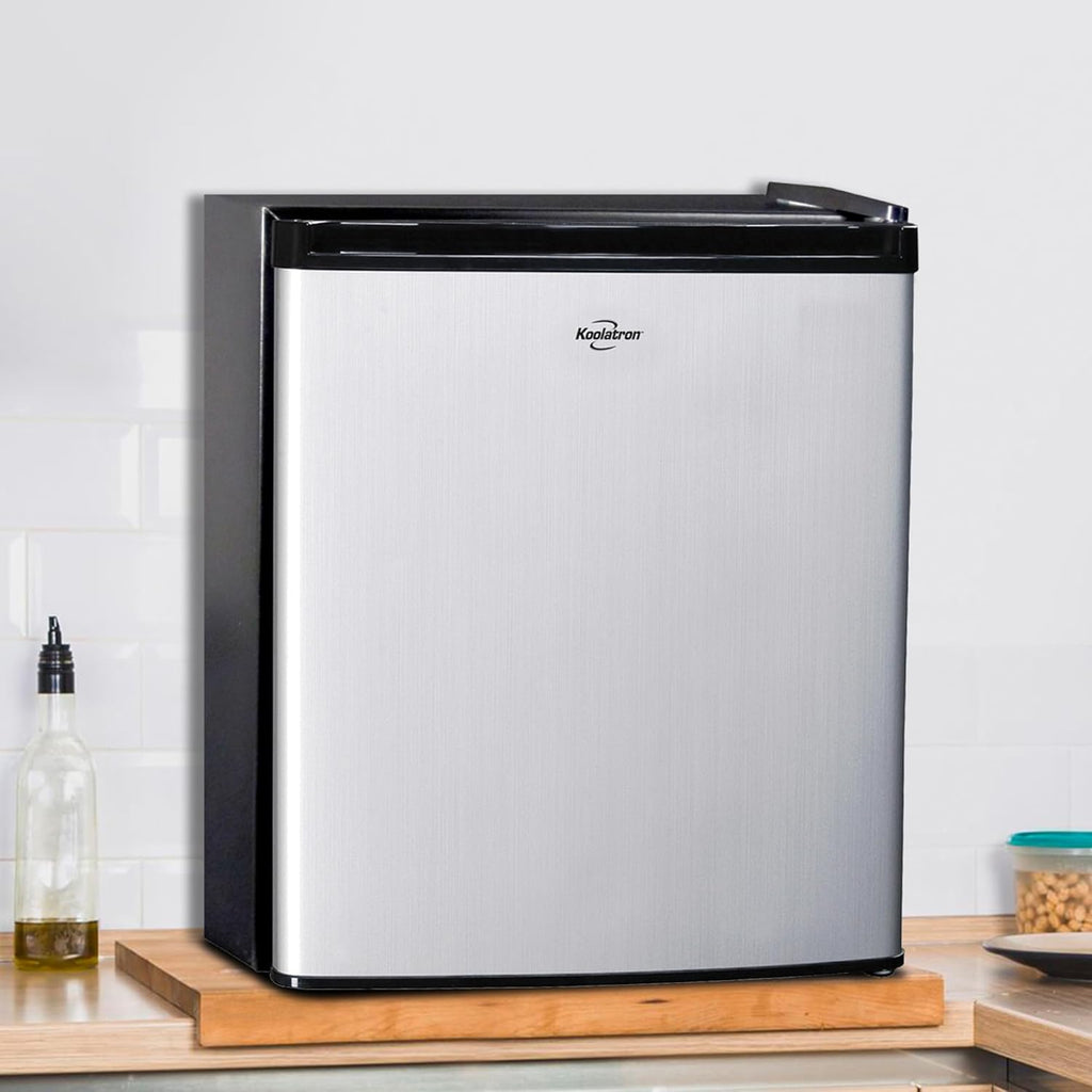 Koolatron Stainless Steel Compact Fridge with Freezer, 1.7 Cubic Feet (48 L) Capacity, Silver and Black, for Snacks, Frozen Meals, Beverages, Juice, Beer, Den, Dorm, Office, Games Room, or RV