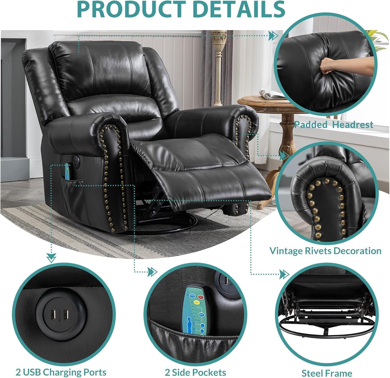 MEETWARM Oversized Swivel Rocker Recliner Chair with Heat and Massage, Manual Glider Rocking Recliner Chair, 360°Swivel Nursery Reclining Sofa with Remote Control/USB Ports for Living Room(Black)