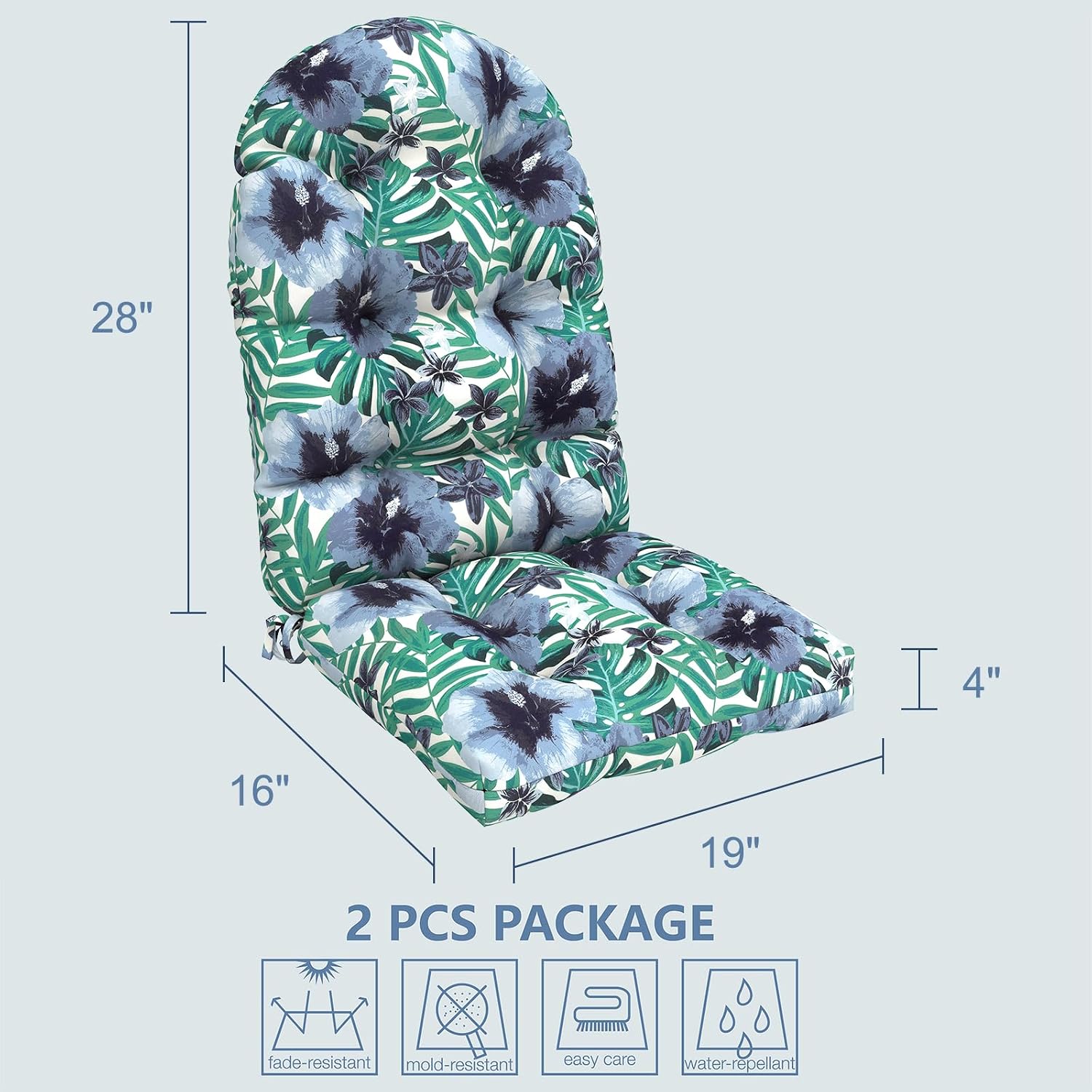 LVTXIII Outdoor Adirondack Chair Cushions, 44x19x4 Inch Non-Slip High Back Rocking Chair Cushion, Tufted Seat Cushion for Patio Furniture, Set of 2, Blue Salmone Tropical