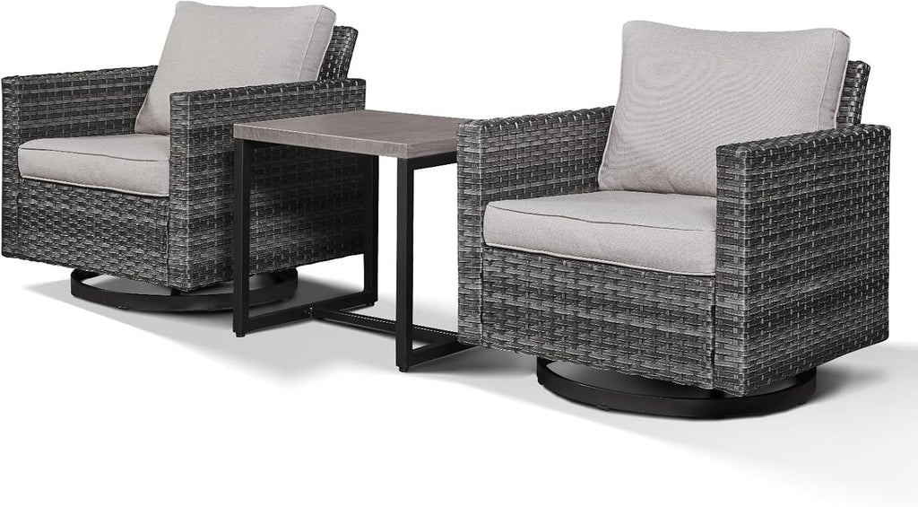 Outdoor Swivel Rocking Chairs,3 Pieces Patio Bistro Sets Rattan Chairs Set of 2 with Matching Side Table for Deck Porch Garden Backyard-Grey/Beige