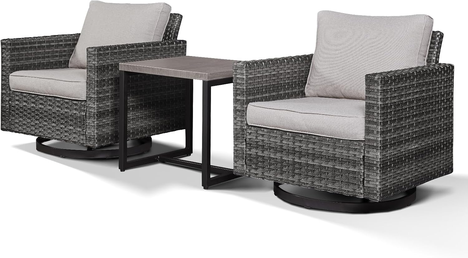 Outdoor Swivel Rocking Chairs,3 Pieces Patio Bistro Sets Rattan Chairs Set of 2 with Matching Side Table for Deck Porch Garden Backyard-Grey/Beige