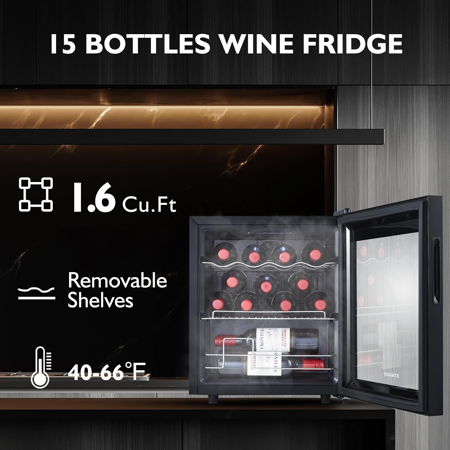 Mini Wine Fridge Freestanding, Cooler Refrigerator 15 Bottle w/Digital Control, Countertop for Red & White, Glass Door Black (ST-15045-R)