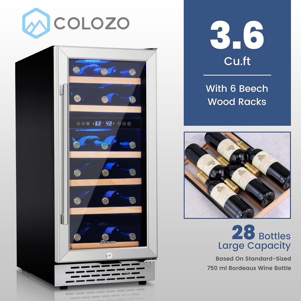 15 Inch Wine Cooler Refrigerator Under Counter, 28 Bottle Dual Zone Wine Fridge, Stainless Steel Built-in/Freestanding Wine Cooler, 40-65°F Tempered Glass Door/Temperature Memory Fit Red & White Wine