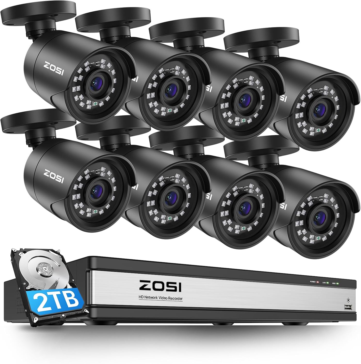 ZOSI H.265+ 1080p 16 Channel Home Security Camera Outdoor Indoor, 16CH CCTV DVR with AI Human Vehicle Detection and 8 x 1080p Surveillance Bullet Camera, 100ft Night Vision, 90° View Angle, 2TB HDD
