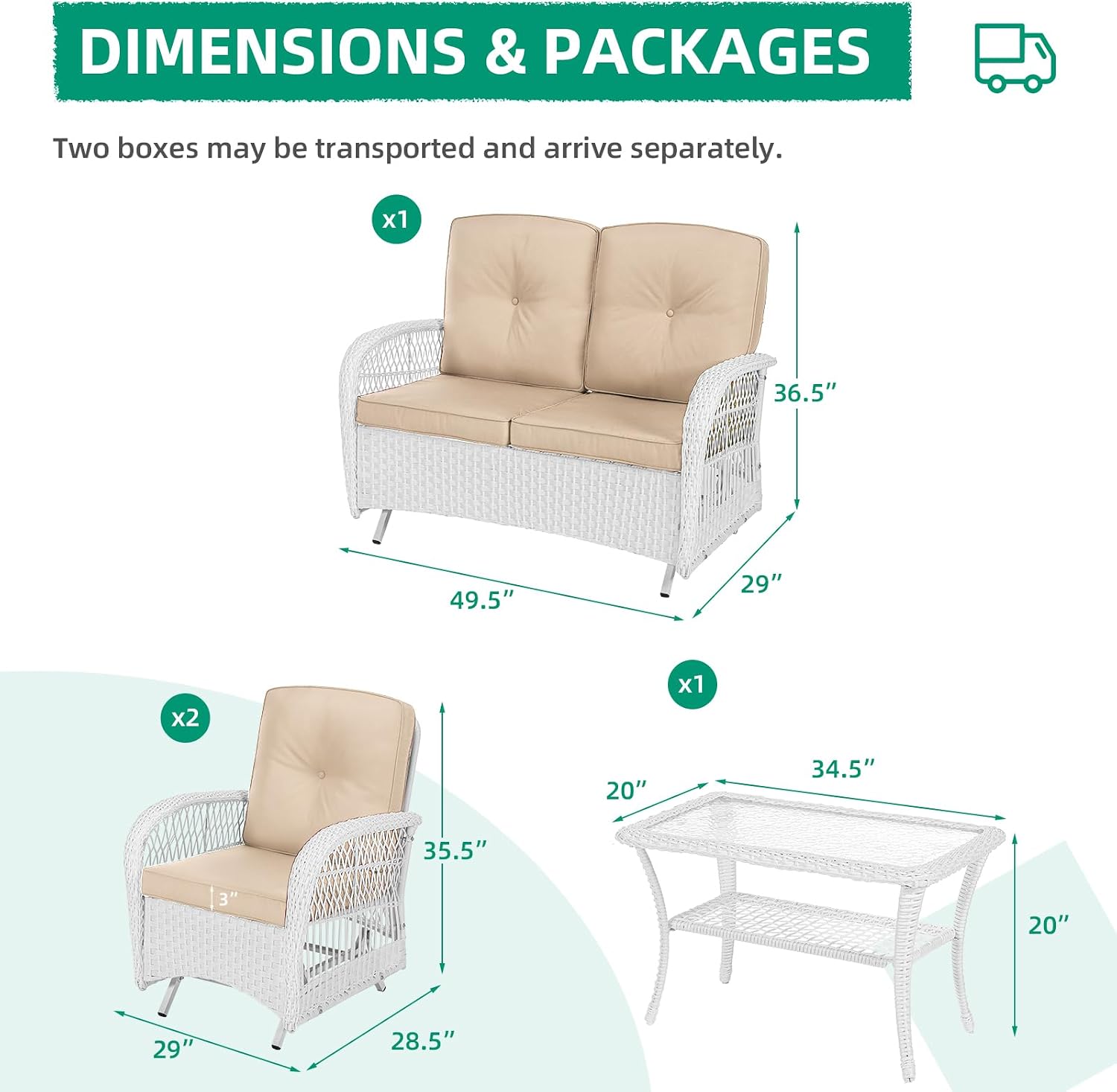 VIVIJASON 4-Piece Outdoor Patio White Wicker Conversation Sets, All Weather Rattan Furniture Set Includes Glider Loveseat, Coffee Table, 2 Glider Rocker Chairs w/Cushion for Lawn Balcony, Beige