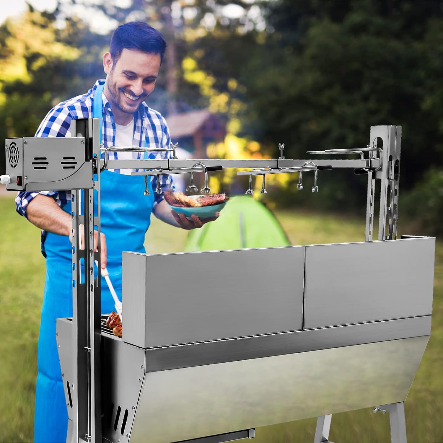 bbq rotisserie grill roaster charcoal roast machine 66lbs charcoal bearing lamb spit roaster hog roasting machine for outdoor picnic camping height-adjustable,with baffle