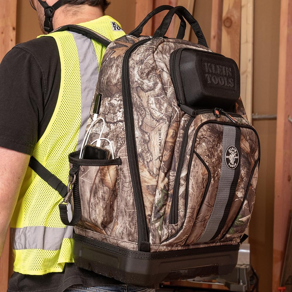 Klein Tools 62800BPCAMO Backpack Tool Bag, Tradesman Pro Extra-Large 40-Pocket Jobsite Camo Tool Backpack with Molded Bottom, Charging Port