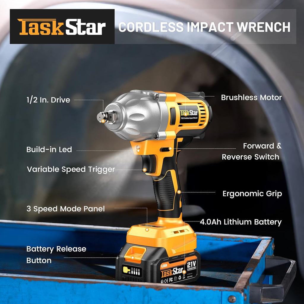 TaskStar Cordless Impact Wrench 740 Ft-lbs(1000N.m) 3300RPM High Torque 1/2 Inch Impact Gun, Electric Impact Driver, Brushless Motor, 2x4.0Ah Battery Fast Charger for Car Tires Truck Mower