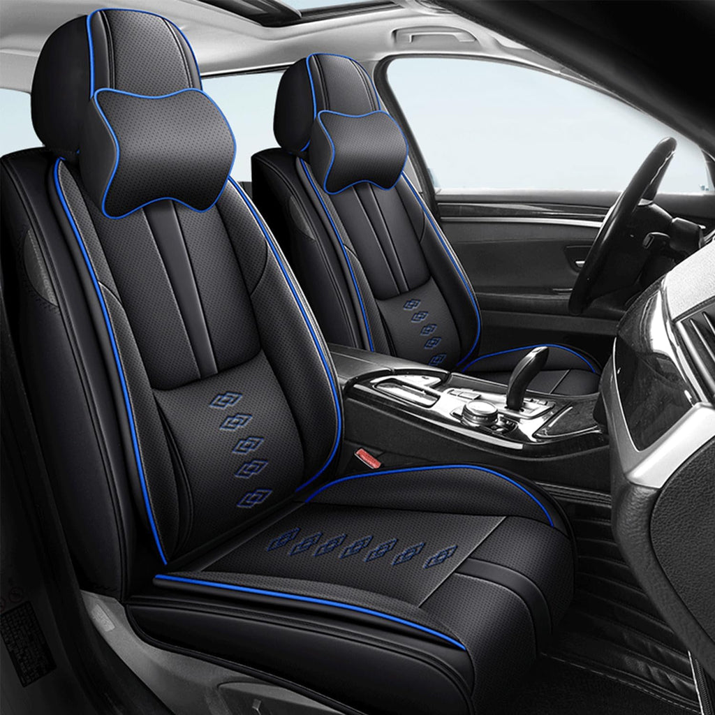 Car Seat Covers for Journey,for Dodge Journey 2009-2020,Leather Front Seat Covers,Airbag-Compatible Car Seat Protectors,Waterproof Seat Cover for Cars(Black+Blue,2PCS/with Pillows)