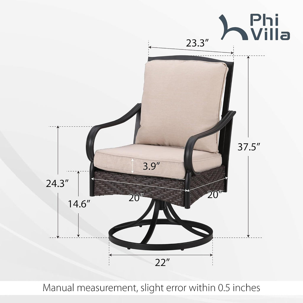PHI VILLA Patio Swivel Chairs Set of 2, Heavy Duty Outdoor Metal Wicker Dining Chair with Thickened Cushions, Large All Weather Wrought Iron Deck Chair Lawn Furniture Support 300lbs