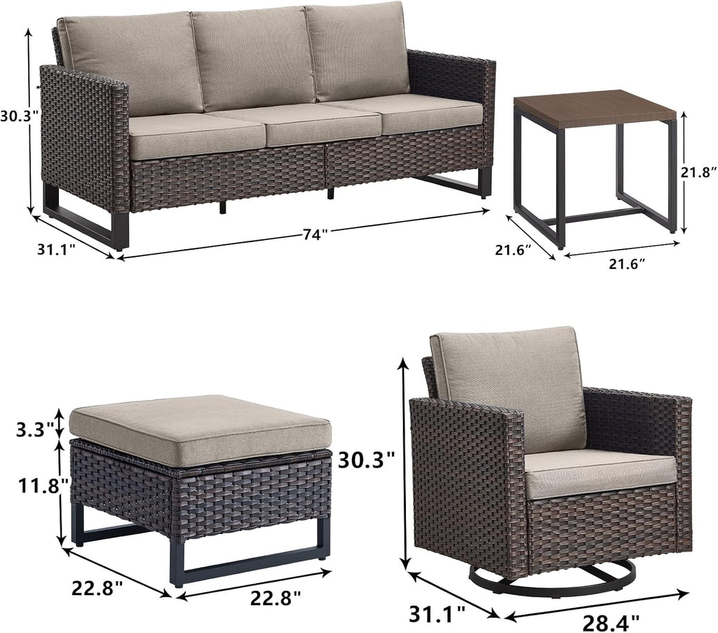 Luxury Wicker Outdoor Patio Furniture Set - 6 Piece Patio Conversation Set with 2 Swivel Rocker Chairs,2 Rattan Ottoman,1 Couch and 1 Metal Side Table for Outside Porch Deck Backyard(Brown/Grey)