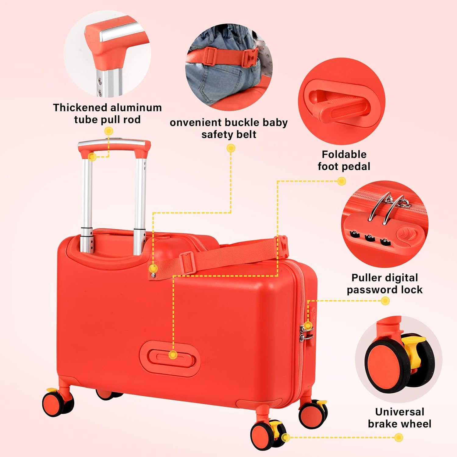 Kids Ride On Suitcase | 20 Inch Kid Carry-On Luggage with Seat, Folding Handlebar & Adjustable Belt | Fun Rideable Travel Case for Boys & Girls, Ideal for Airplane Travel