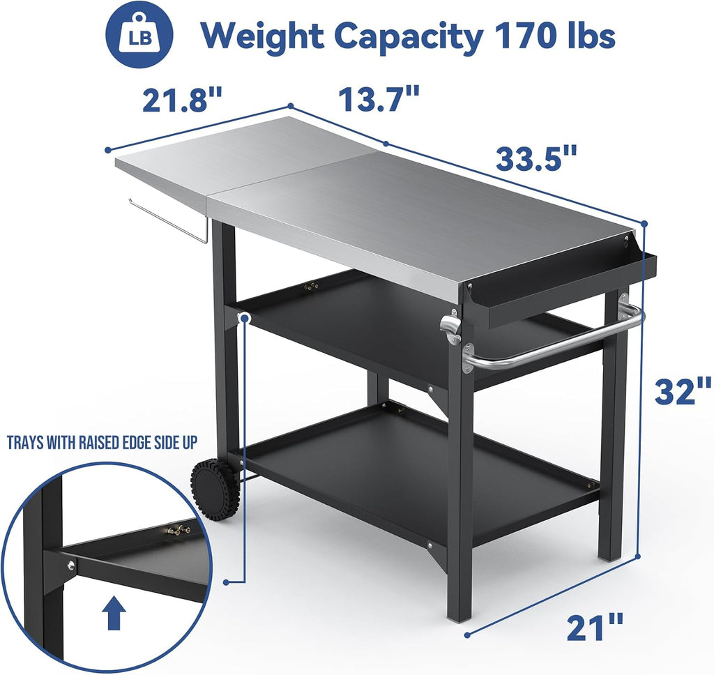 Skyflame Heavy Duty Pizza Oven Table & BBQ Prep Cart, Stainless Steel Rolling Grill Cart with Lockable Wheels, 3 Shelf Outdoor Workstation for Griddle/Patio – 170 lbs, No Wobble