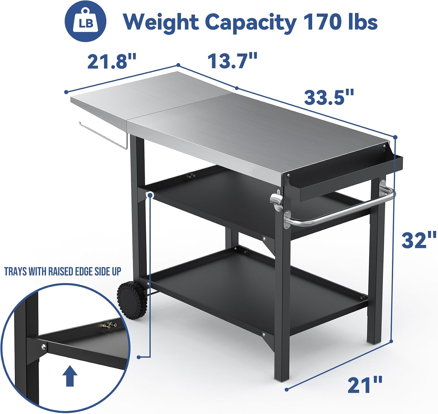 Skyflame Heavy Duty Pizza Oven Table & BBQ Prep Cart, Stainless Steel Rolling Grill Cart with Lockable Wheels, 3 Shelf Outdoor Workstation for Griddle/Patio – 170 lbs, No Wobble
