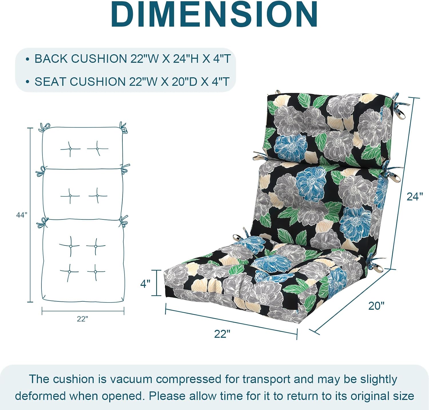 DYTXIII Outdoor High Back Chair Cushions Set of 2, Water Repellent Tufted Rocking Seat Cushions Replacement 44 x 22 Inch, Seat & Back Chair Pads for Patio, Balcony and Indoor Use -Peony Garden