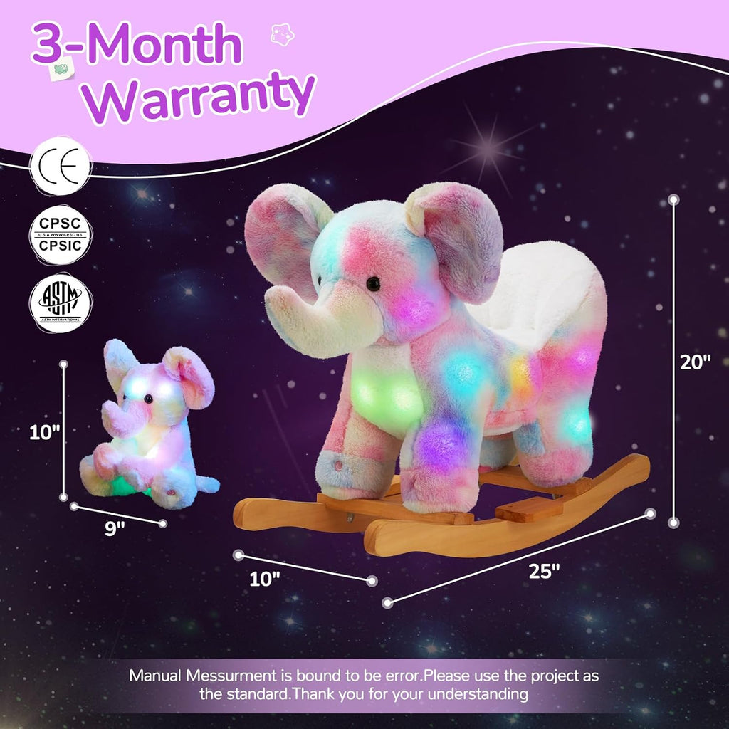 Glow Guards Light up Musical Elephant Baby Rocking Horse, Rainbow Elephant Rocker Set of 2 with Stuffed Animal, Stuffed Plush Ride-on Rocking Animal for Toddlers Baby Girl Ages 1-3