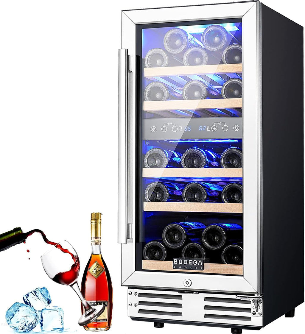 BODEGA 15' Wine Cooler, 30 Bottle Dual Zone Wine Fridge With Double-Layer Glass Door, Freestanding or Built-In Wine Fridge with Blue LED Light & Stainless Steel Handle, for Home, Kitchen,Bar, Black.
