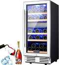 BODEGA 15' Wine Cooler, 30 Bottle Dual Zone Wine Fridge With Double-Layer Glass Door, Freestanding or Built-In Wine Fridge with Blue LED Light & Stainless Steel Handle, for Home, Kitchen,Bar, Black.