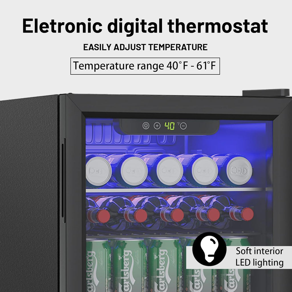 95 Can Mini Fridge - 2.6 Cu.Ft Beverage Refrigerator with Reversible Glass Door for Soda Wine Beer, Adjustable Temperature Control for Home Office Bar, Black(40-61 ℉)