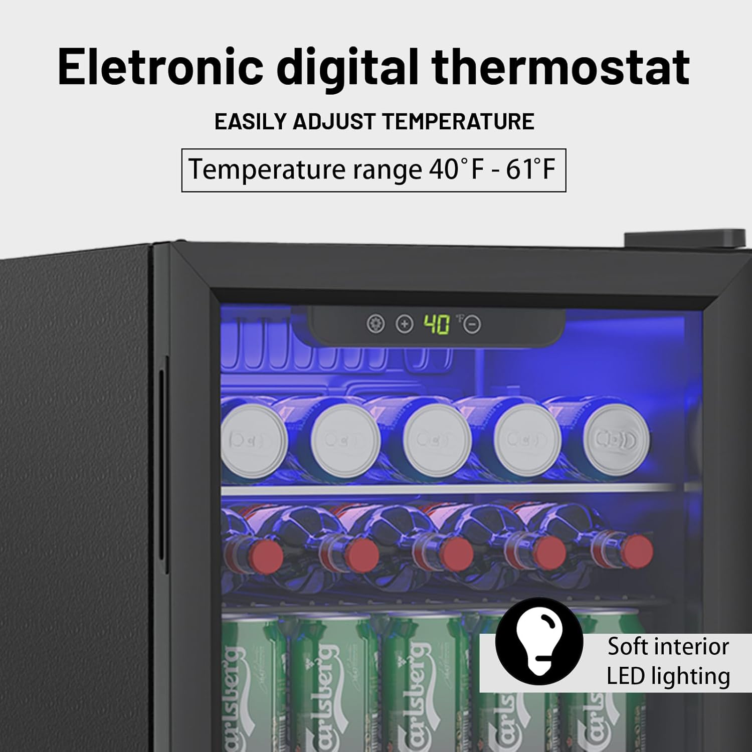 95 Can Mini Fridge - 2.6 Cu.Ft Beverage Refrigerator with Reversible Glass Door for Soda Wine Beer, Adjustable Temperature Control for Home Office Bar, Black(40-61 ℉)