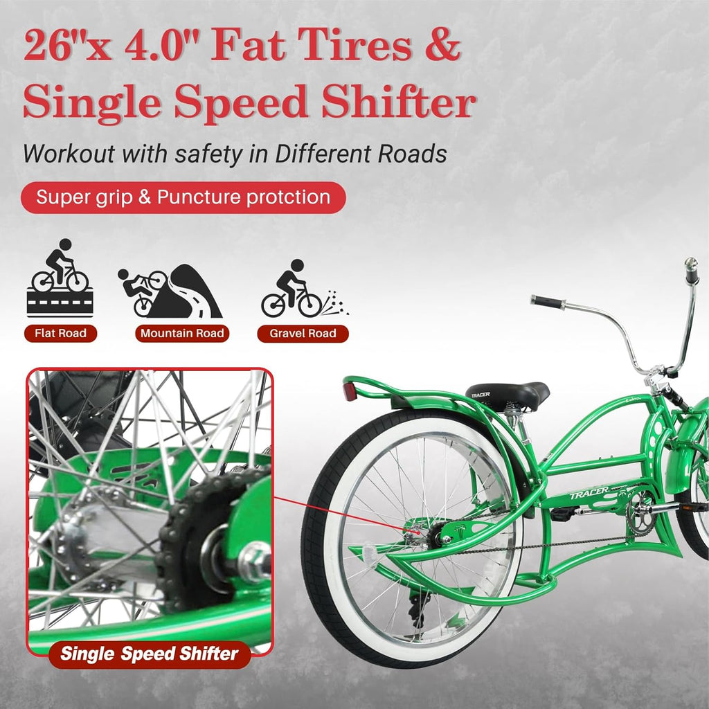 Tracer KRAKER PRO 26 Inch Stretch Chopper Bicycle for Adult,Single Speed Men Lowrider Bike with Oversized Hi-Ten Stretch Steel Frame,Front Wheel 26 * 3.5,Rear Wheel 26 * 4.0 Multiple Colors