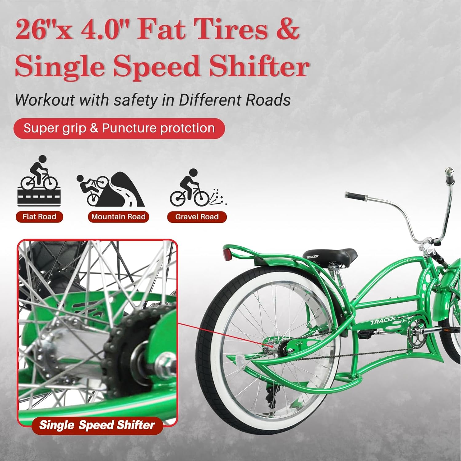 Tracer KRAKER PRO 26 Inch Stretch Chopper Bicycle for Adult,Single Speed Men Lowrider Bike with Oversized Hi-Ten Stretch Steel Frame,Front Wheel 26 * 3.5,Rear Wheel 26 * 4.0 Multiple Colors
