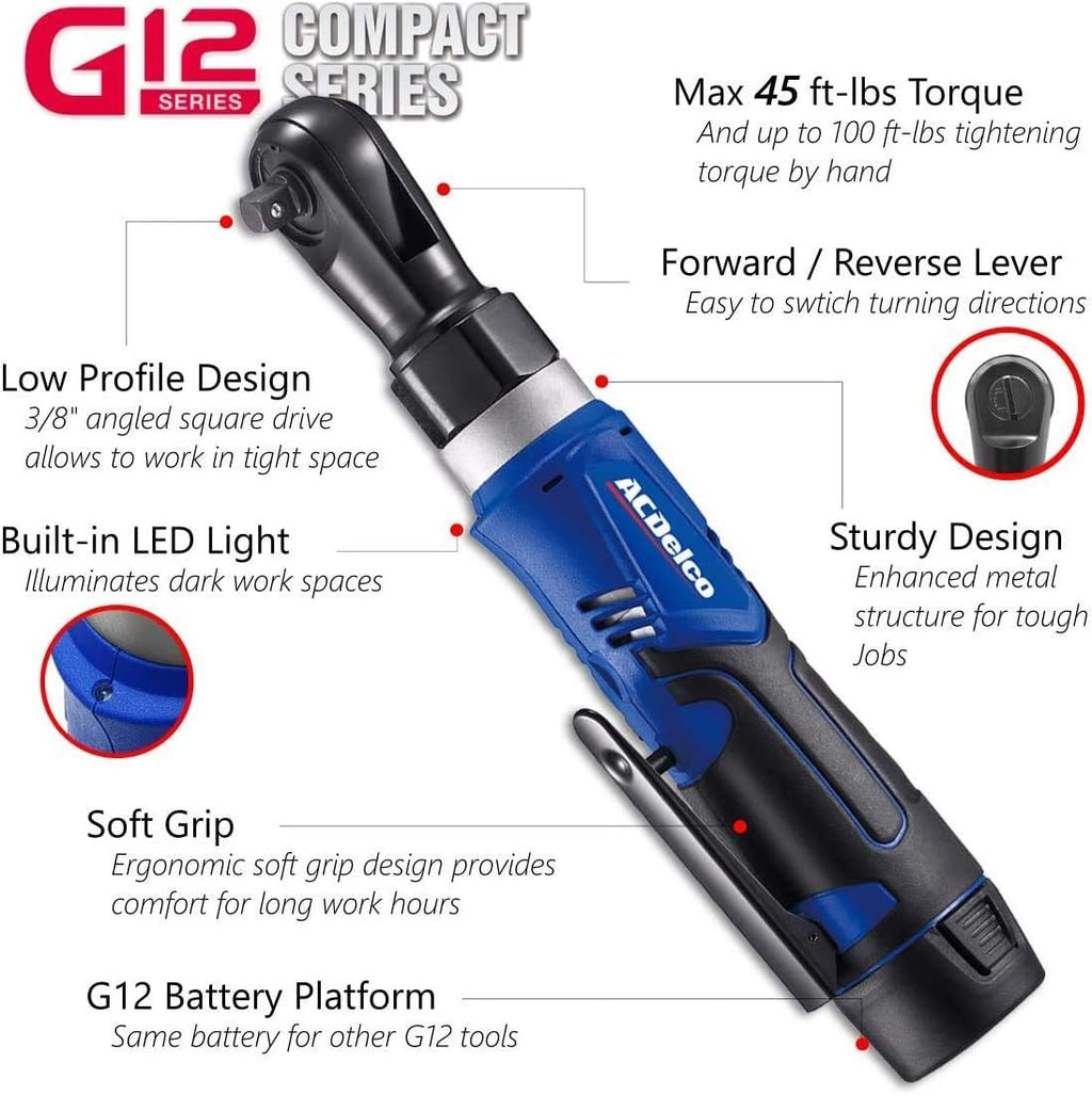 ACDelco G12 Series 12V Cordless Ratchet Combo Kit, 3/8' (45 ft-lbs) & 1/4' (30 ft-lbs), Electric Ratchet Wrench with (1) Li-ion Battery and Charger, 240 RPM, 2-Tool Set with Canvas Bag, ARW1209-K9