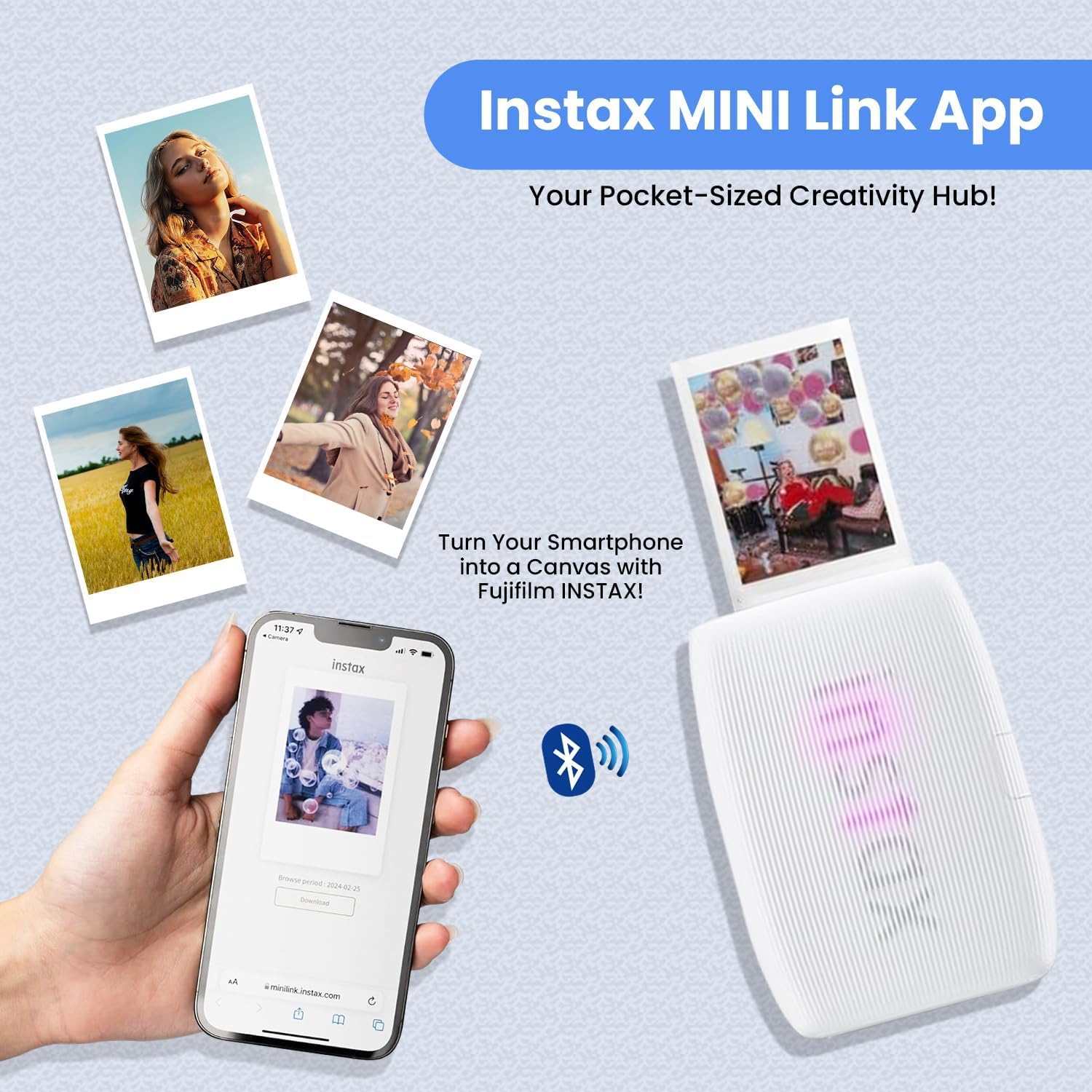 Fujifilm INSTAX Mini Link 3 Smartphone Printer + INSTAX Mini Instant Film (20 Sheets) + USB Wall Charger + BluebirdSales Travel Bag, Photo Album, Microfiber Cleaning Cloth (Clay White)