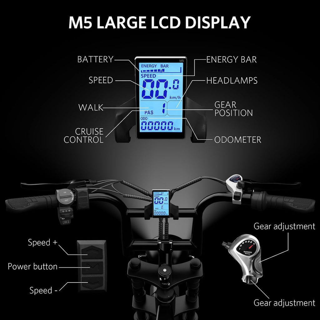 Hipatoo V8/V8 MAX Electric Bike for Adults, Long Seat Dirt Bike with 20' Fat Tire, E-Bike 2 Seater Max 31MPH, 15/30AH Battery, Moped Style Ebike for Snow, Mountains, Road, Dual Disc/Hydraulic Brakes