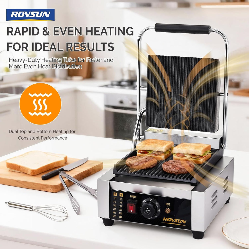ROVSUN 811 Commercial Panini Press Grill, 1800W Stainless Steel Electric Countertop Sandwich Maker with Adjustable Temp 122°F–572°F, For Steak, Burgers, Home & Restaurant Use, 110V, Silver