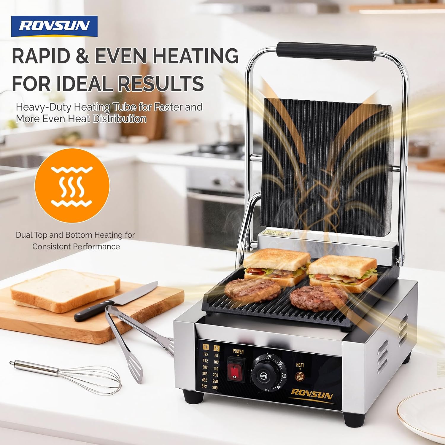 ROVSUN 811 Commercial Panini Press Grill, 1800W Stainless Steel Electric Countertop Sandwich Maker with Adjustable Temp 122°F–572°F, For Steak, Burgers, Home & Restaurant Use, 110V, Silver