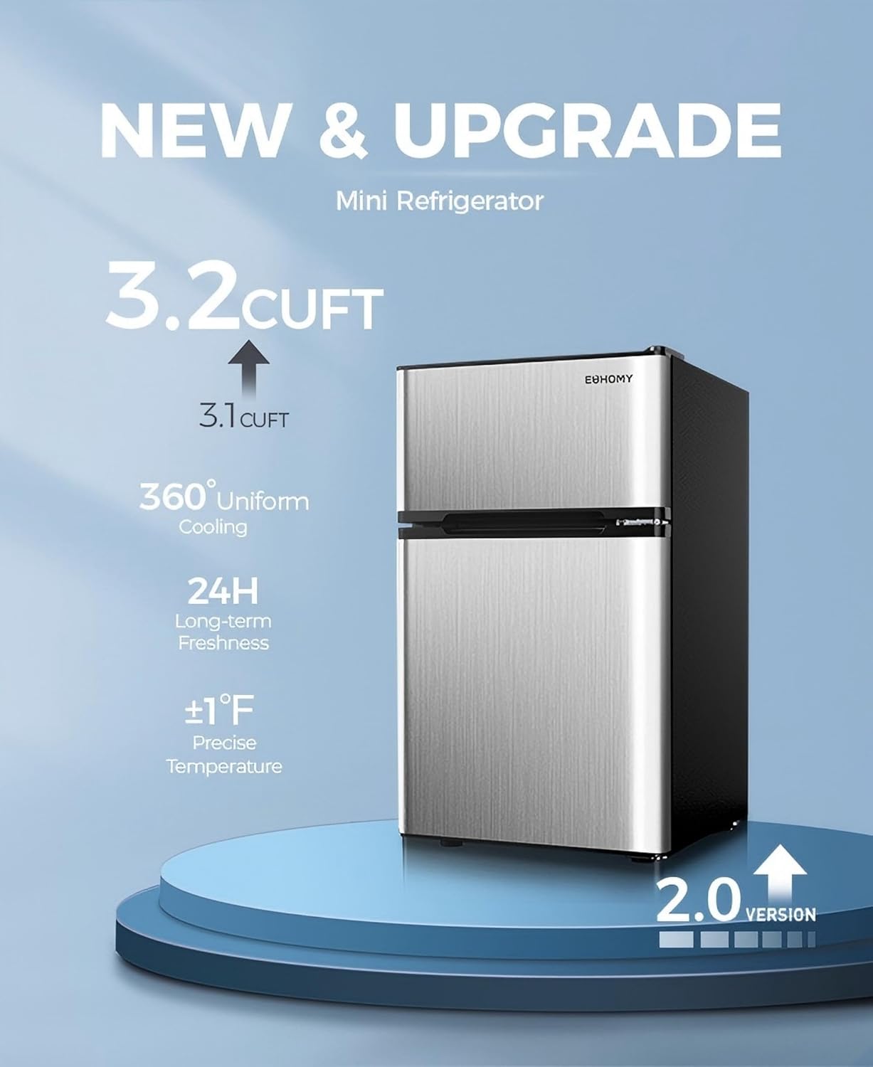 EUHOMY Mini Fridge with Freezer, 3.2 Cu.Ft Compact Refrigerator with freezer, 2 Door Mini Fridge with freezer For Dorm/Bedroom/Office/Apartment- Food Storage or Drink Beer(New Silver)