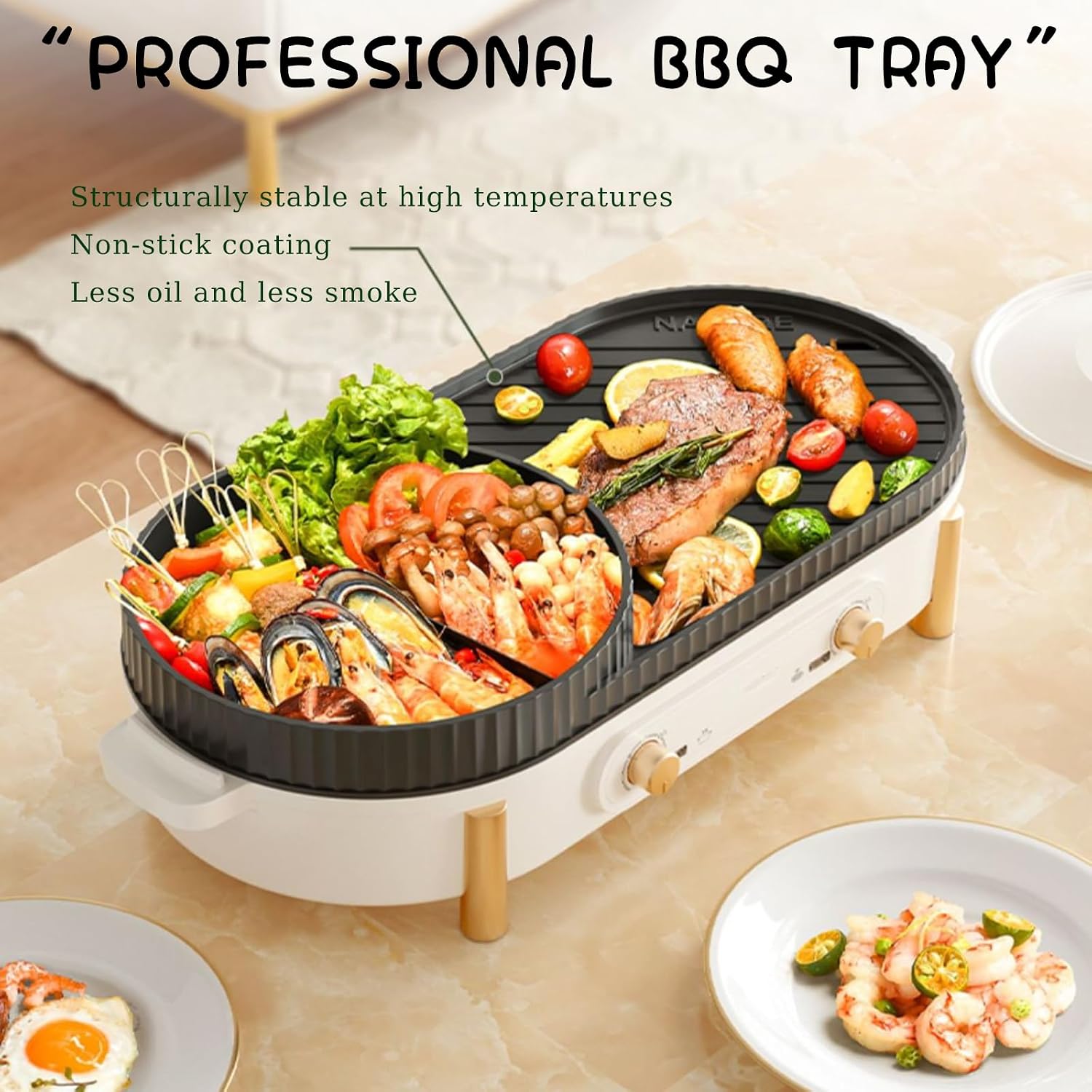 Household Electric Hot Pot with Grill, Teppanyaki Grill Pot and BBQ Pan, Independent Temperature Control, Non-stick Coating, Easy to Clean, For 3-8 People to Enjoy, 2200 W