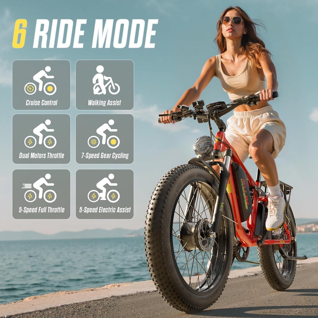 Electric Bike, 60V 20Ah 6000W Dual Motors, 26' Fat Tires Fast Ebike, Max 50mph 35-100 Mile Range, Full Suspension Hydraulic Brakes, for Off-Road Mountain Riding Adventures