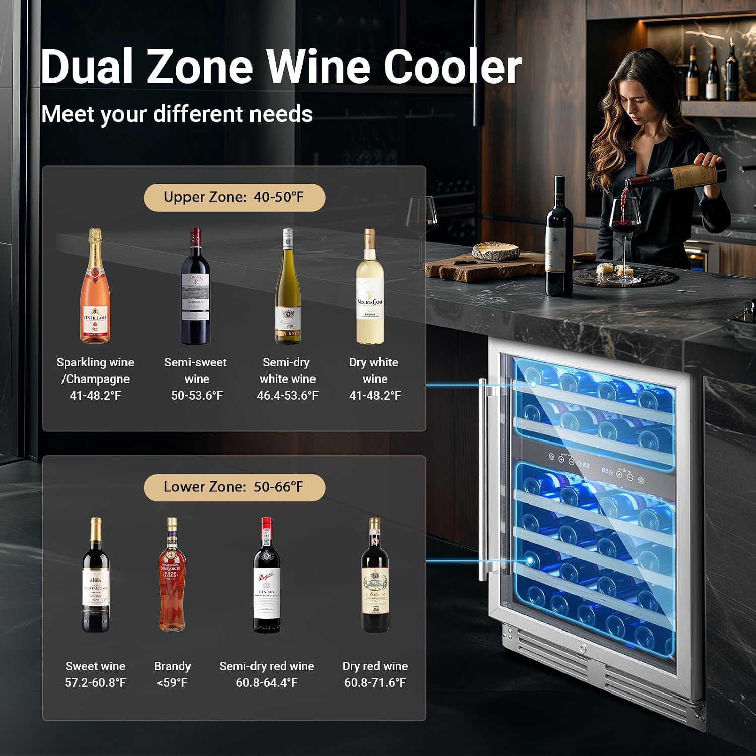 BODEGA 24 Inch Wine Cooler-46 Bottles Dual Zone Wine Fridge,41-68°F Wine Refrigerators Free standing, Built-in Compressor Mini Fridge with Adjustable Shelves for Home,kitchen, Office, Bar.