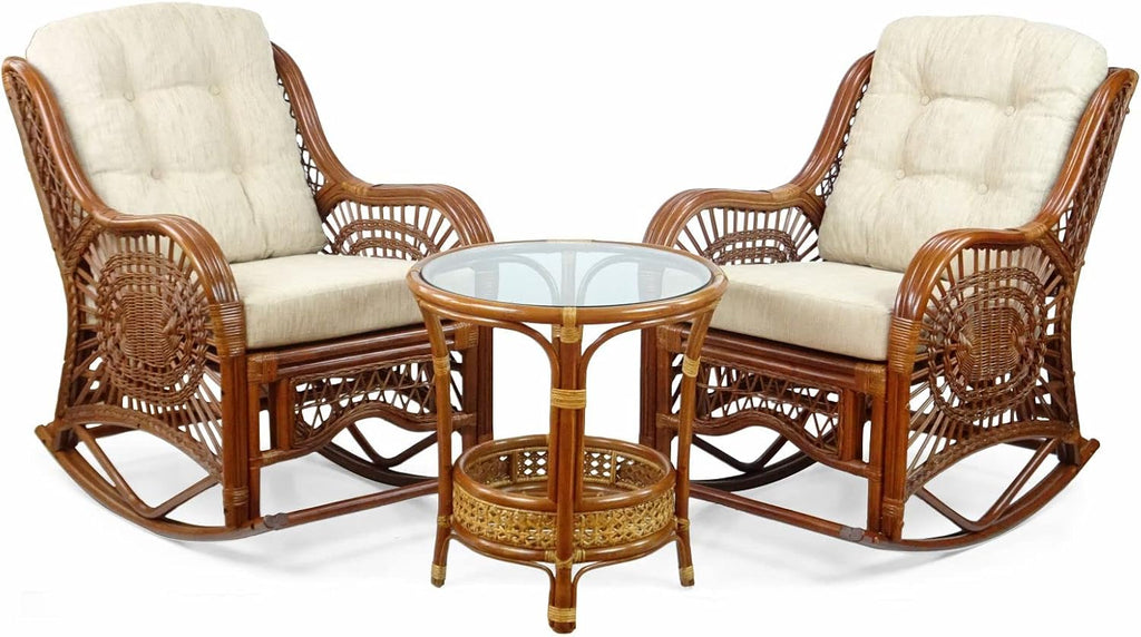 Malibu Rocking Handmade Lounge Chair ECO Natural Wicker Rattan Colonial Color with Cream Cushion, Indoor ONLY