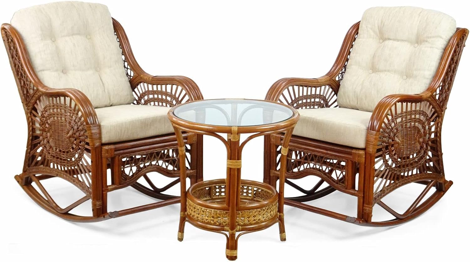 Malibu Rocking Handmade Lounge Chair ECO Natural Wicker Rattan Colonial Color with Cream Cushion, Indoor ONLY