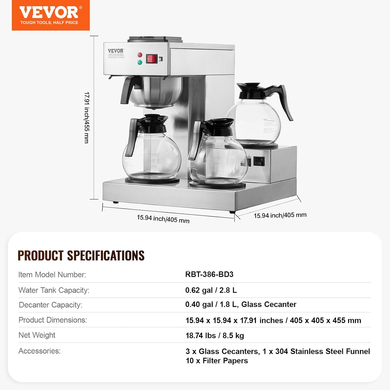 VEVOR 12 Cups Commercial Drip Coffee Maker, Coffee Maker Machine with 3 Glass Carafes and 3 Warmer Plates, Stainless Steel Pour Over Coffee Brewer for Restaurant, Office, Cafe