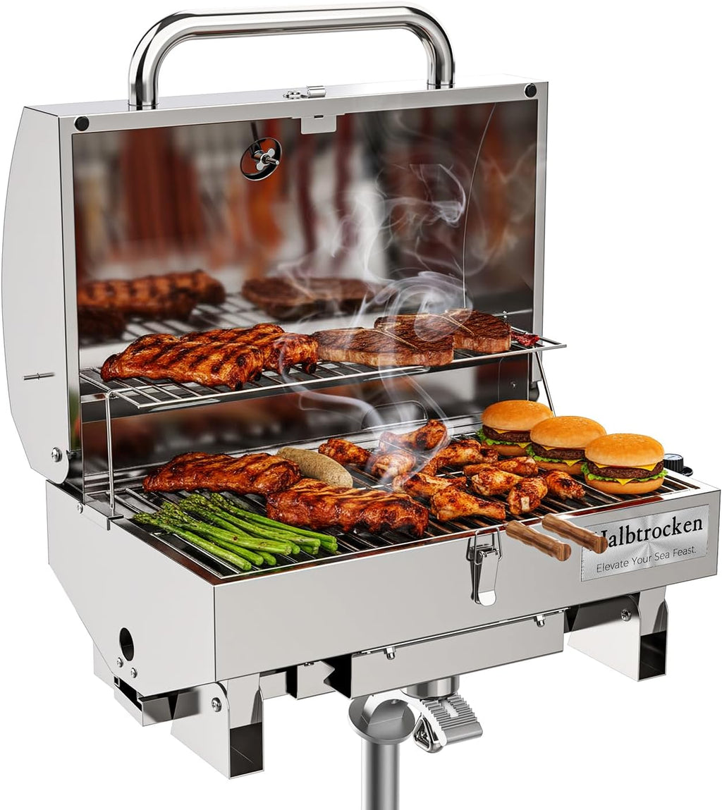 Halbtrocken 304 Stainless Steel Marine Gas Grill with Rod Holder Mount & Cover - 200 sq. in. Cooking Area, 12,000 BTU Propane Boat Grill - Perfect Compact Grill for Boating, Tailgating and Camping