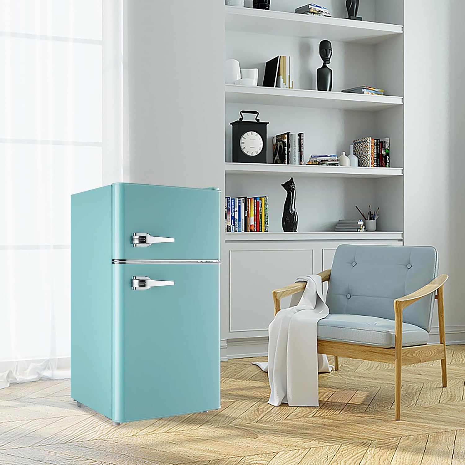WANAI Compact Mini Refrigerator Small Refrigerator with Freezer, Retro Mini Fridge with Dual Door,7 Adjustable Thermostat, Adjustable Shelves For Dorm, Office Bedroom, Blue