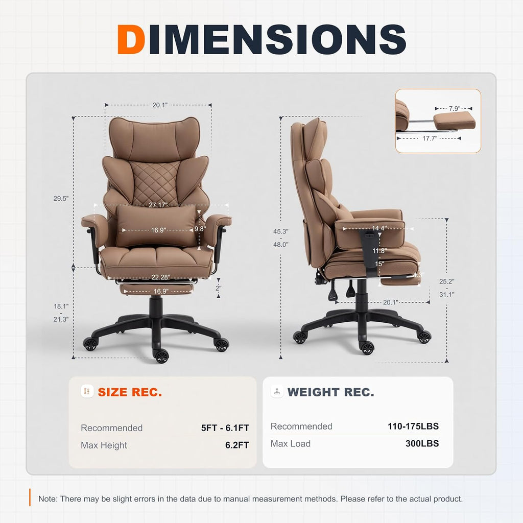 Dowinx Big and Tall Office Chair with Pocket Spring Cushion,High Back Computer Gaming Chairs with Adjustable Armrests,Executive Desk Chairs with Lumbar Support and Footrest,PU Leather-Brown
