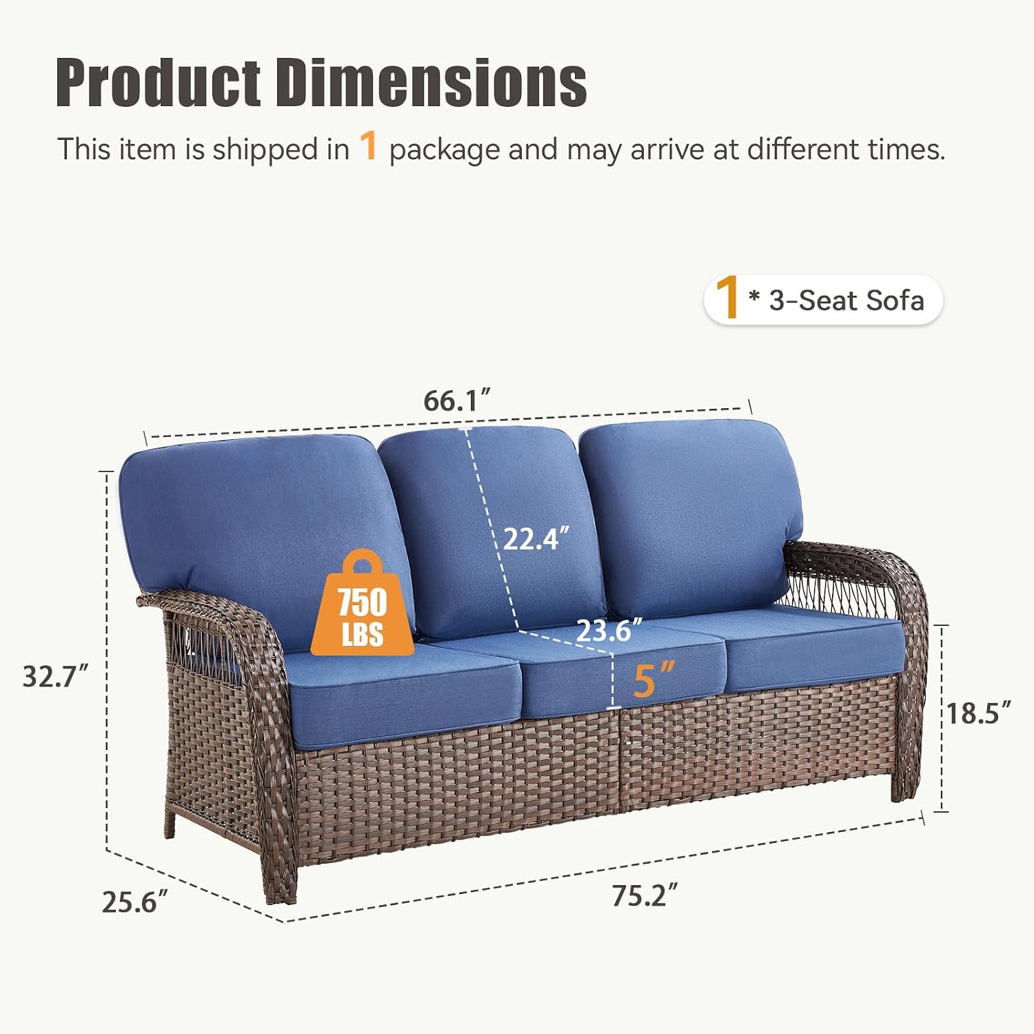 75'' Outdoor Patio Couch Wicker Sofa, All Weather Rattan 3 Seater Sofa High Back Couch with Deep Seating and Removable Cover, Outdoor Patio Furniture for Deck Porch Sunroom Backyard, Blue