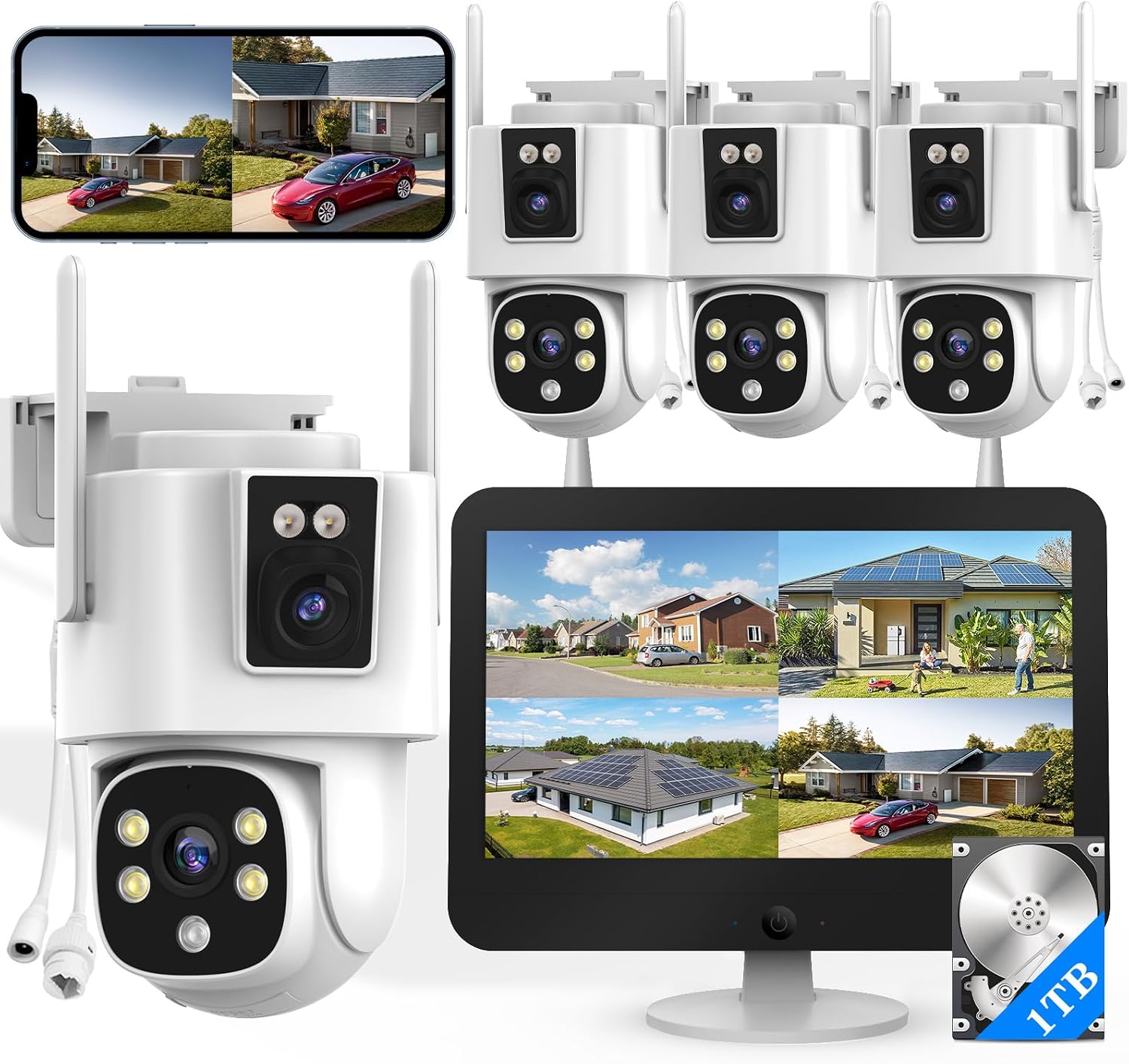 Wireless Outdoor Security Camera System, Wkkengd Dual Lens Dual Screen Auto Tracking 4 Home Surveillance Camera Set 12.5' Monitor 1TB 10CH NVR Color Night Vision 2 Way Audio Wi-Fi 6 Alexa Compatible