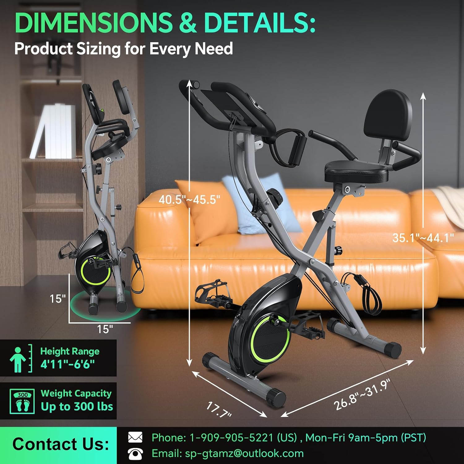 USLIM Foldable Exercise Bike Stationary Bikes for Home, 5 IN 1 Indoor Workout Bike, Cycling Bike with 16-Level Quiet Magnetic Resistance, 6.6 LBS Flywheel and 300LBS Capacity for Senior and Home Workout
