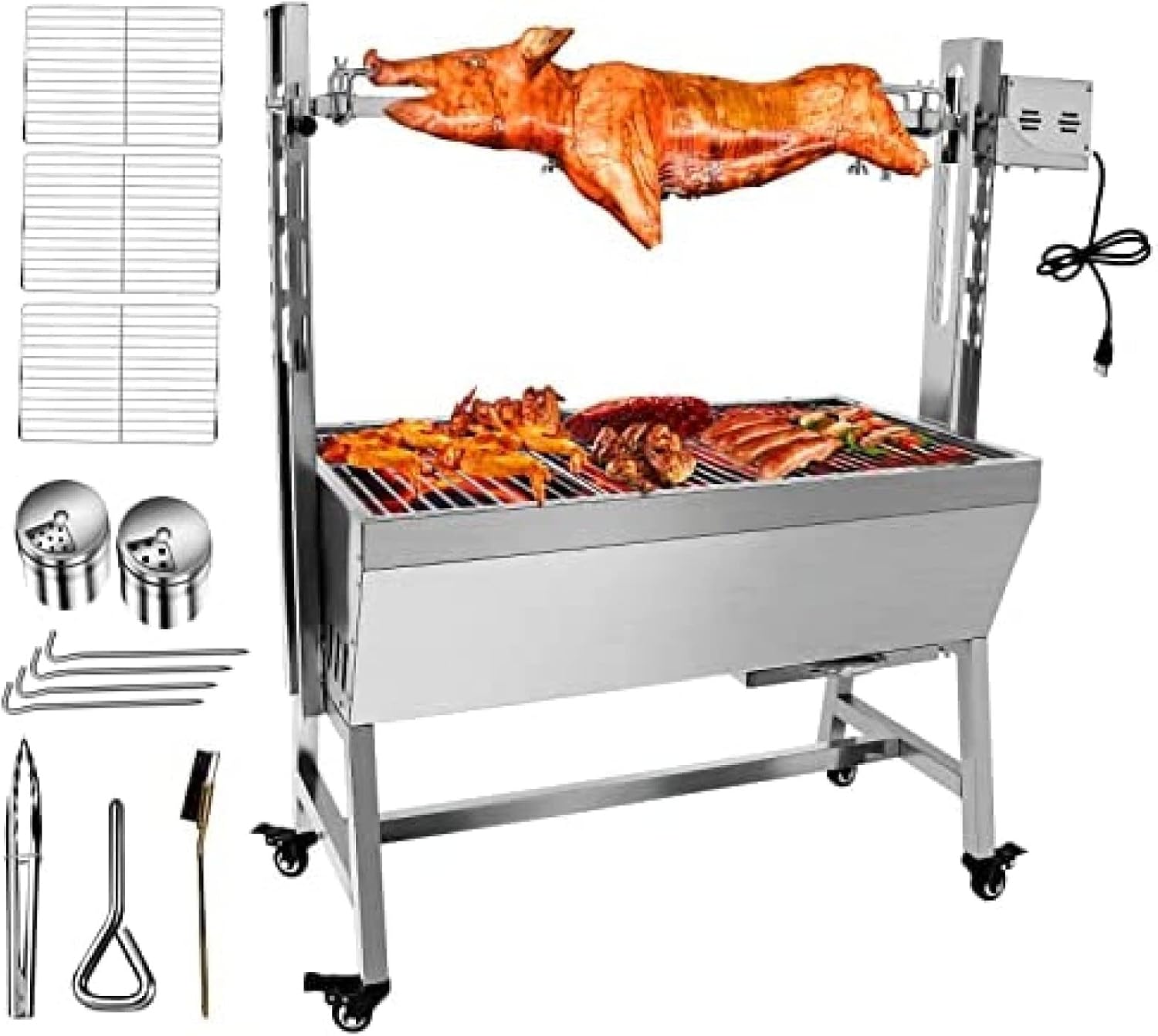 bbq rotisserie grill roaster charcoal roast machine charcoal bearing lamb spit roaster hog roasting machine for outdoor picnic camping height-adjustable,without baffle