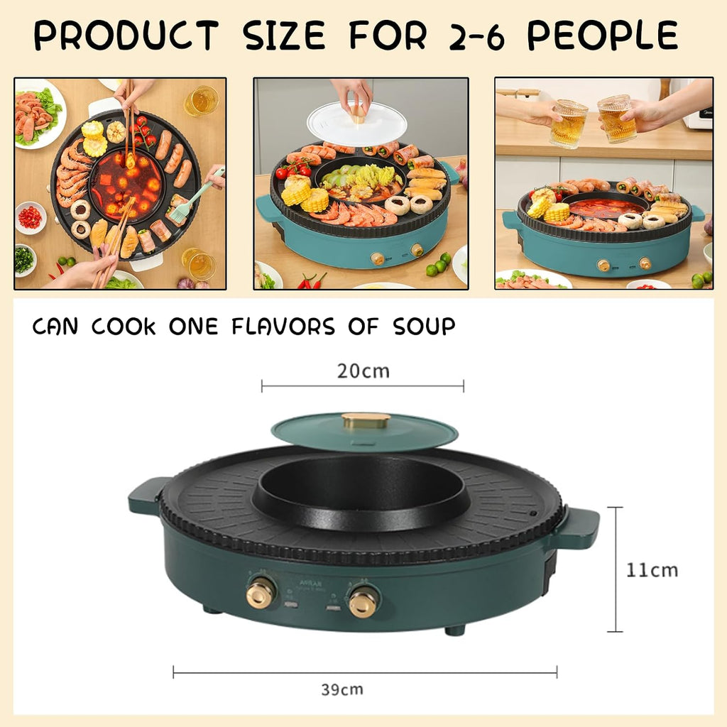 Household Electric Hot Pot with Grill, Teppanyaki Grill Pot and BBQ Pan, Independent Temperature Control, Non-stick Coating, Easy to Clean, For 2-6 People to Enjoy, 1500 W,B