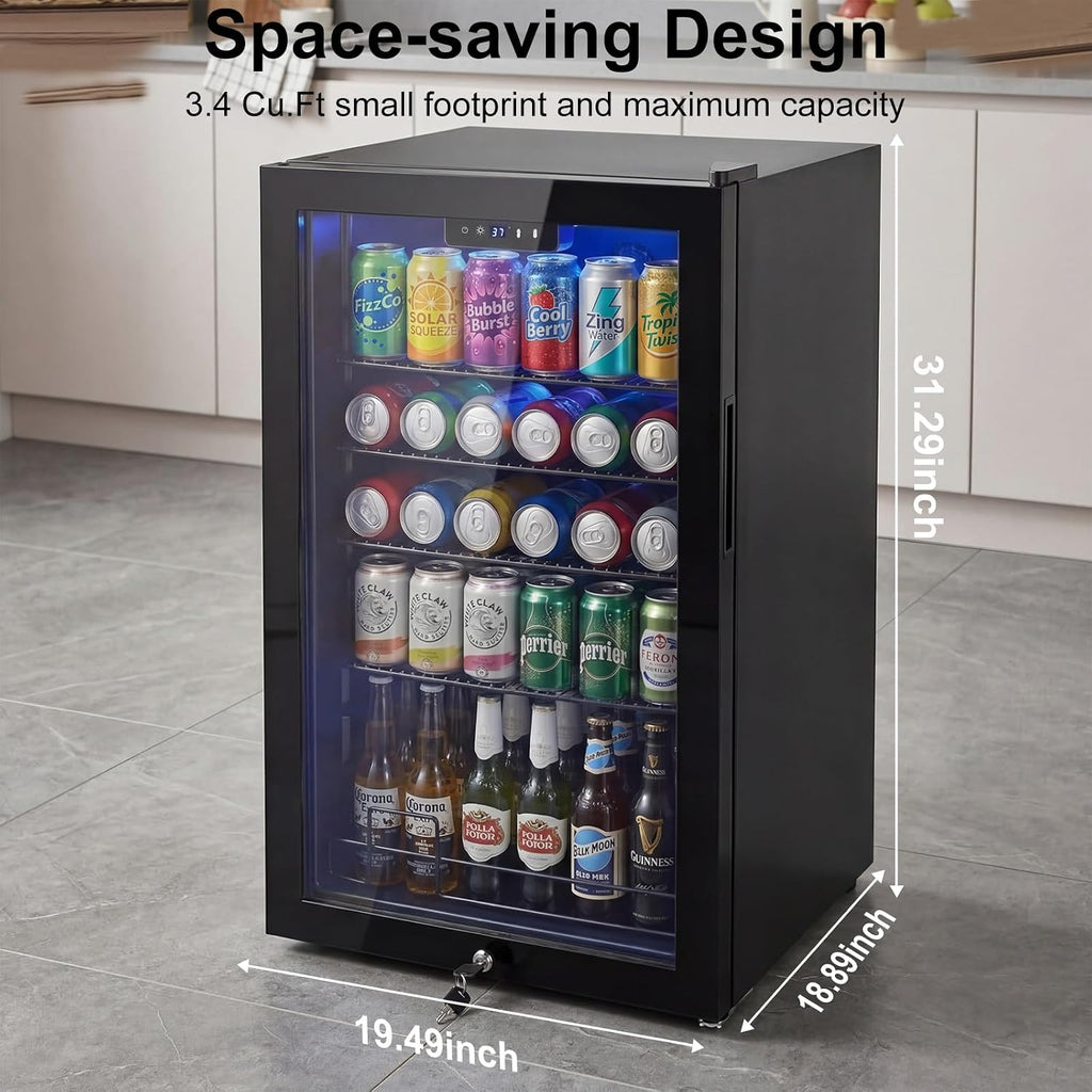 20 Inch Beverage Refrigerator, Mini Fridge with Glass Door for Soda Beer–130 Can Small Fridge for Home Office Bar, 3.4 Cu.Ft Drink Cooler with Reversible Door, Digital Temperature Control,Black